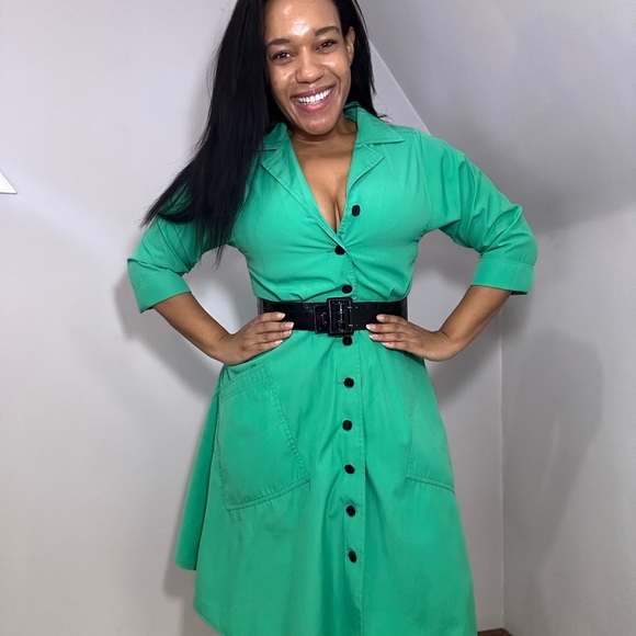 Vintage Green Button-Up Women's Dress A-line Spring Casual Midi Cutesy ILGWU - Picture 5 of 11